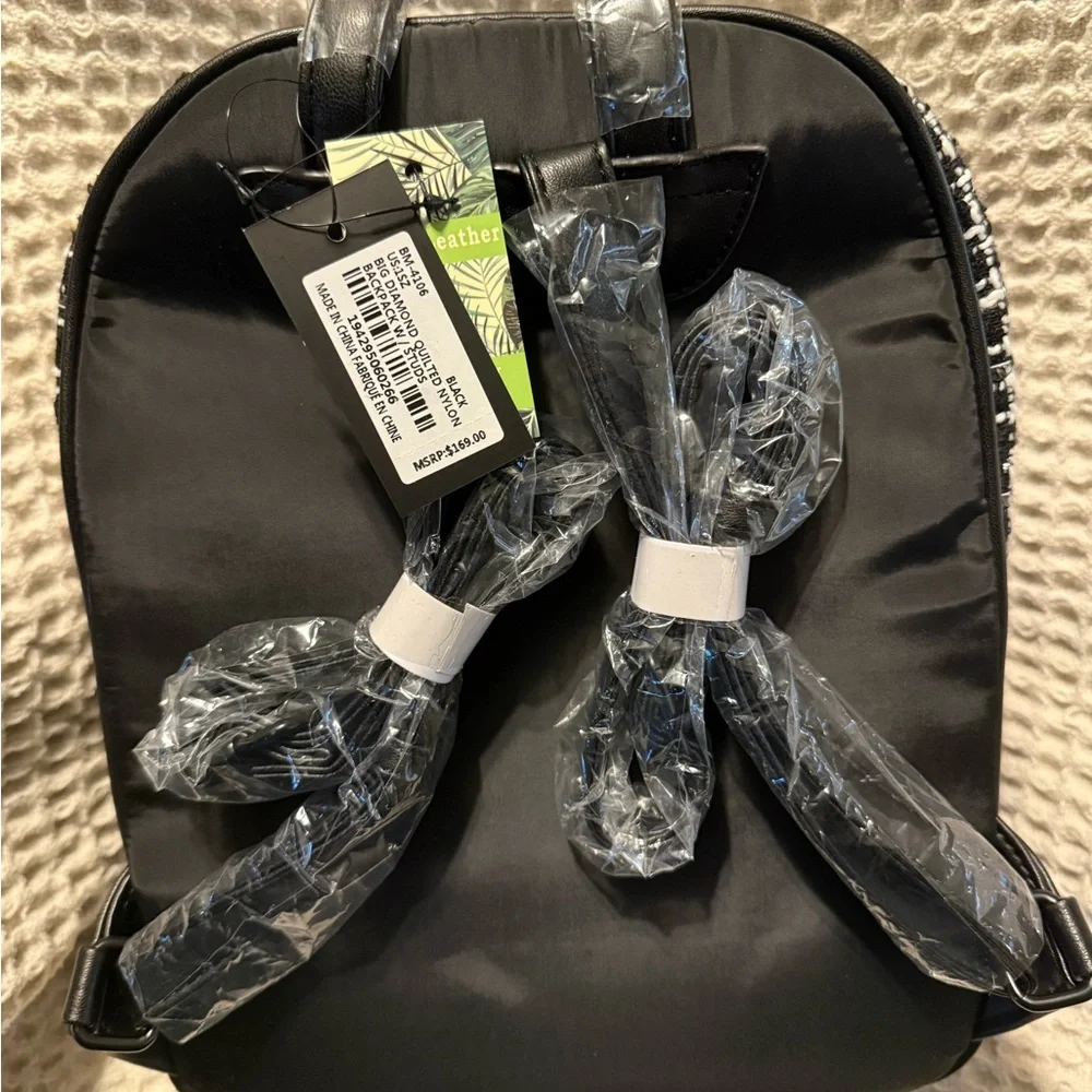 Badgley Mischka Studded Quilted Vegan Leather Backpack – Tweed Pocket – NWT